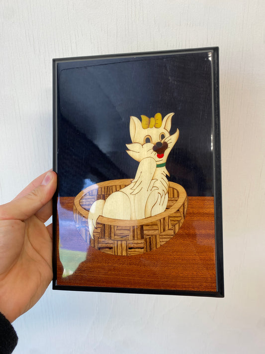 Vintage Inlaid Wood Marquetry of Cat from Sorrento