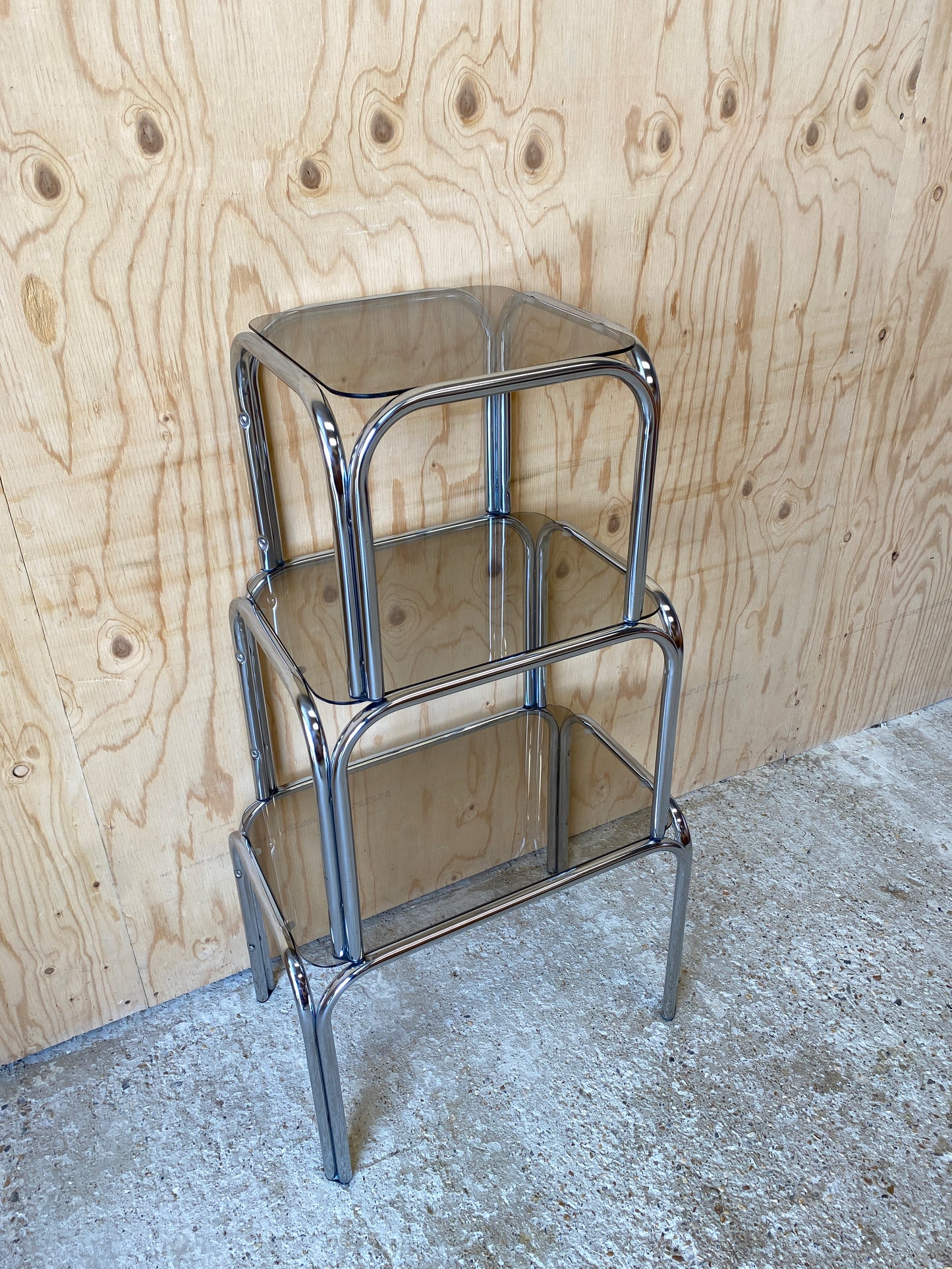 Nest of Chrome & Smoked Glass Tables