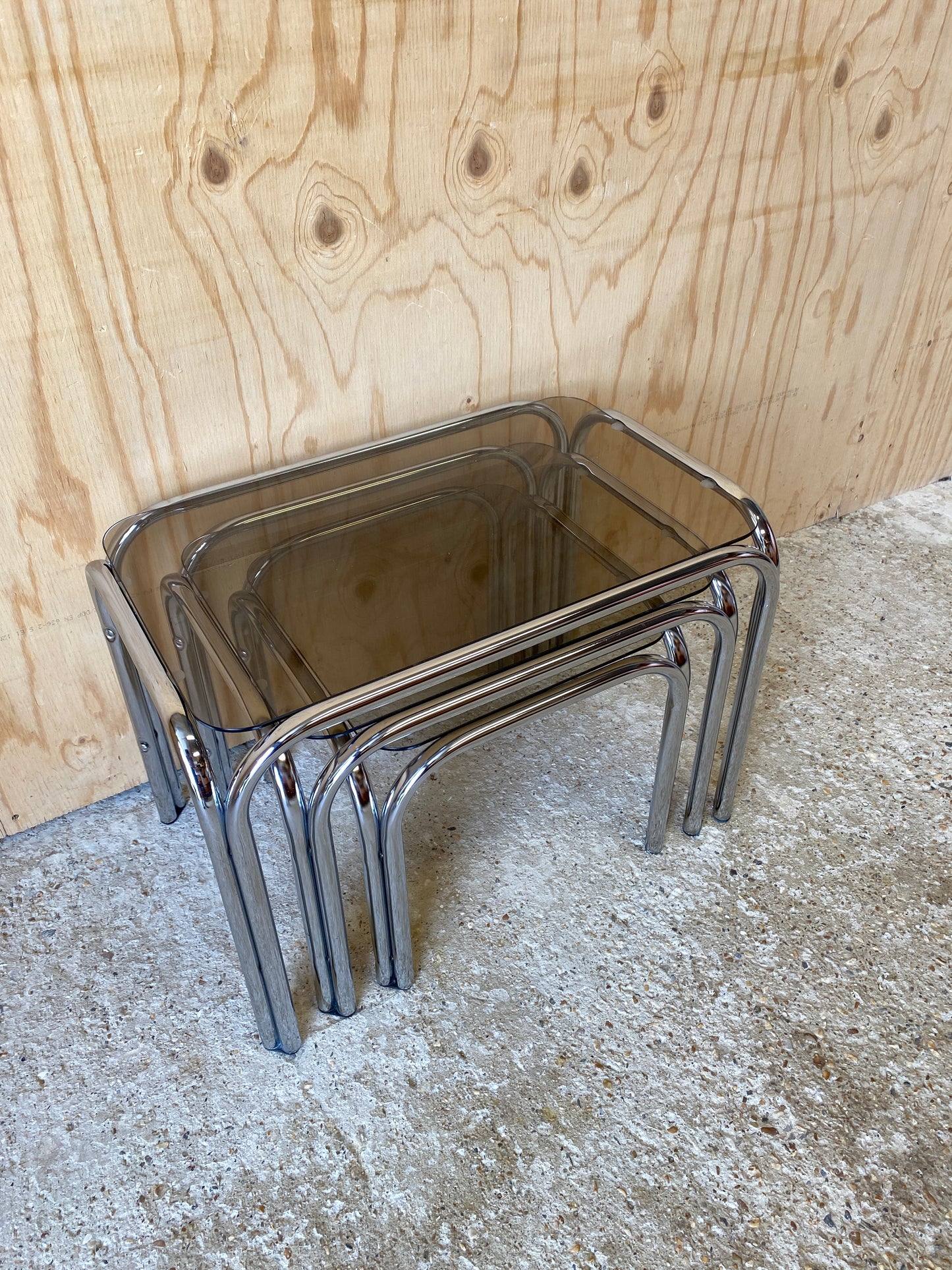 Nest of Chrome & Smoked Glass Tables