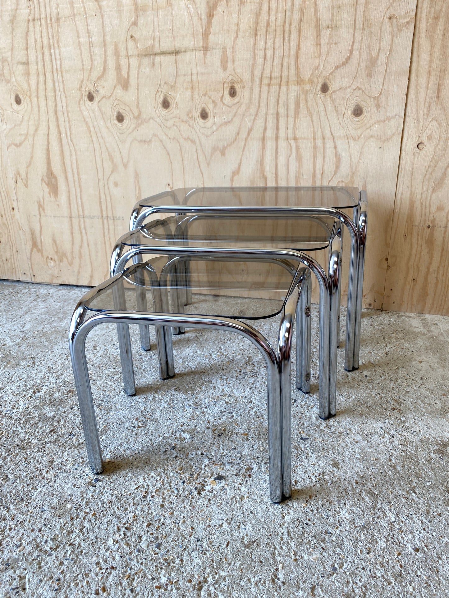 Nest of Chrome & Smoked Glass Tables