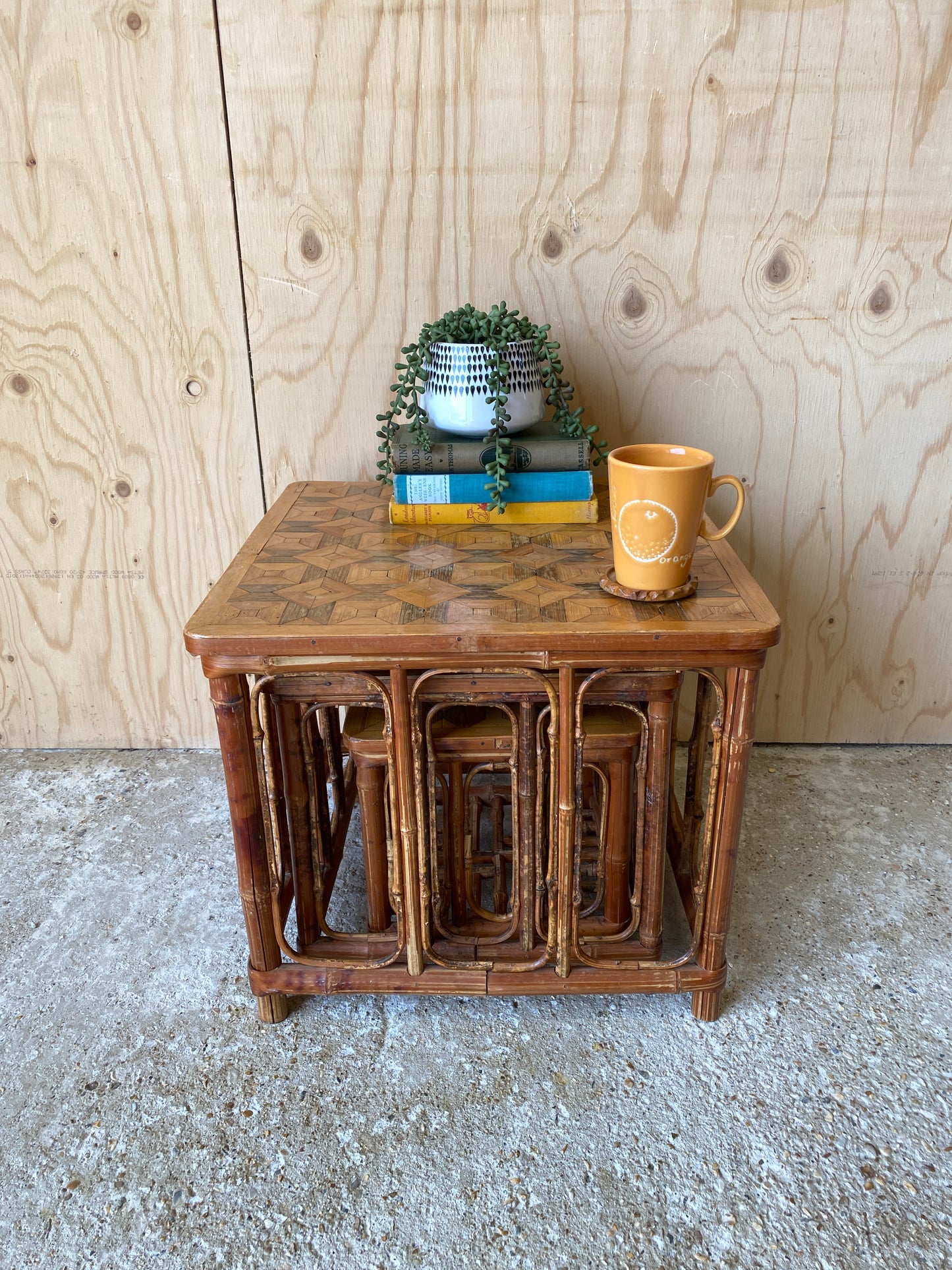 Vintage Nest of Parquetry Bamboo Tables