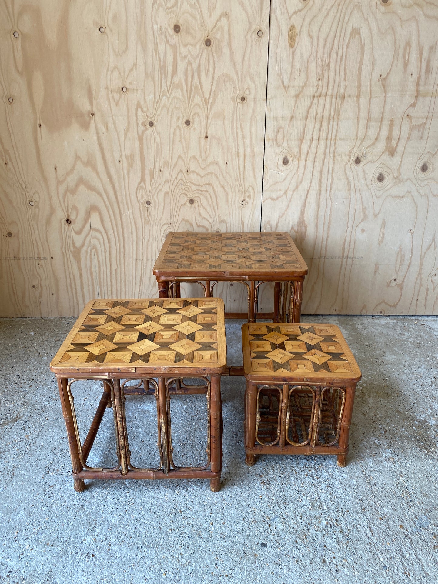 Vintage Nest of Parquetry Bamboo Tables