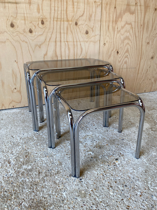 Nest of Chrome & Smoked Glass Tables