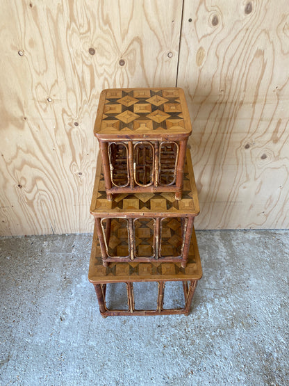 Vintage Nest of Parquetry Bamboo Tables