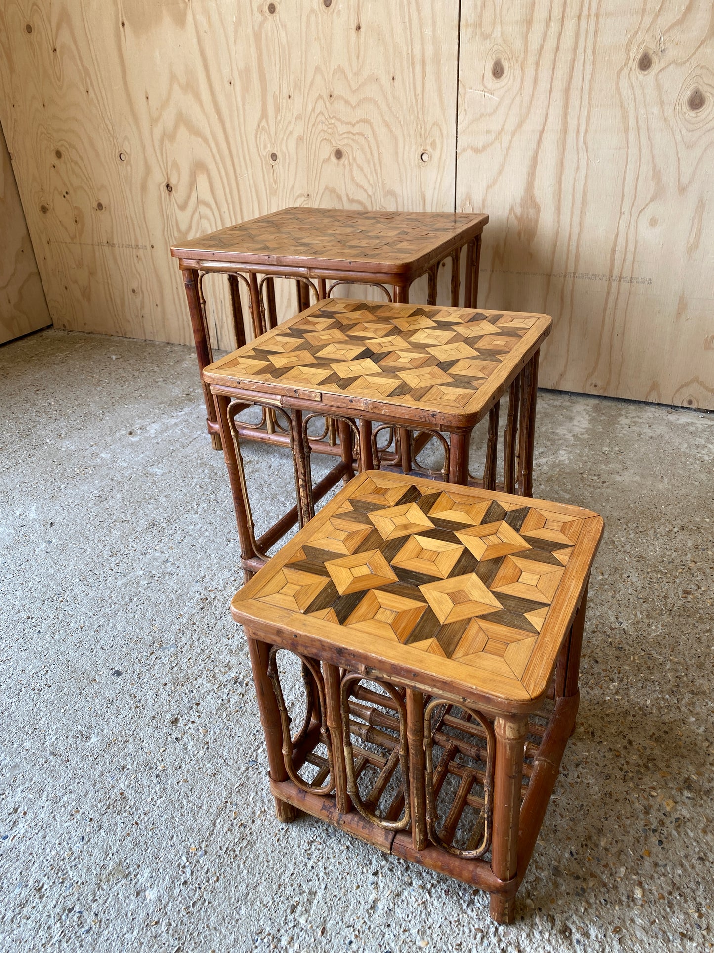 Vintage Nest of Parquetry Bamboo Tables