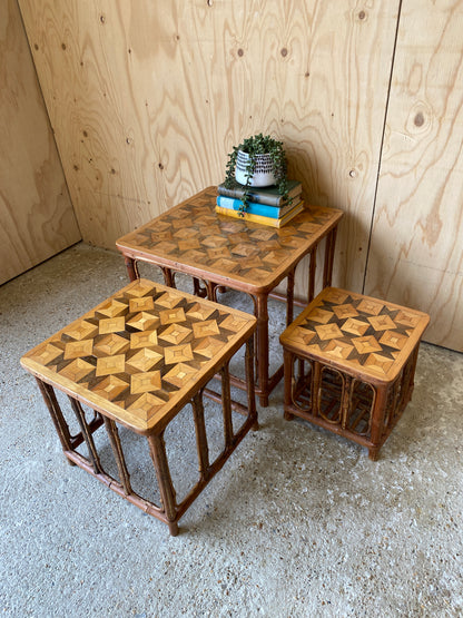 Vintage Nest of Parquetry Bamboo Tables