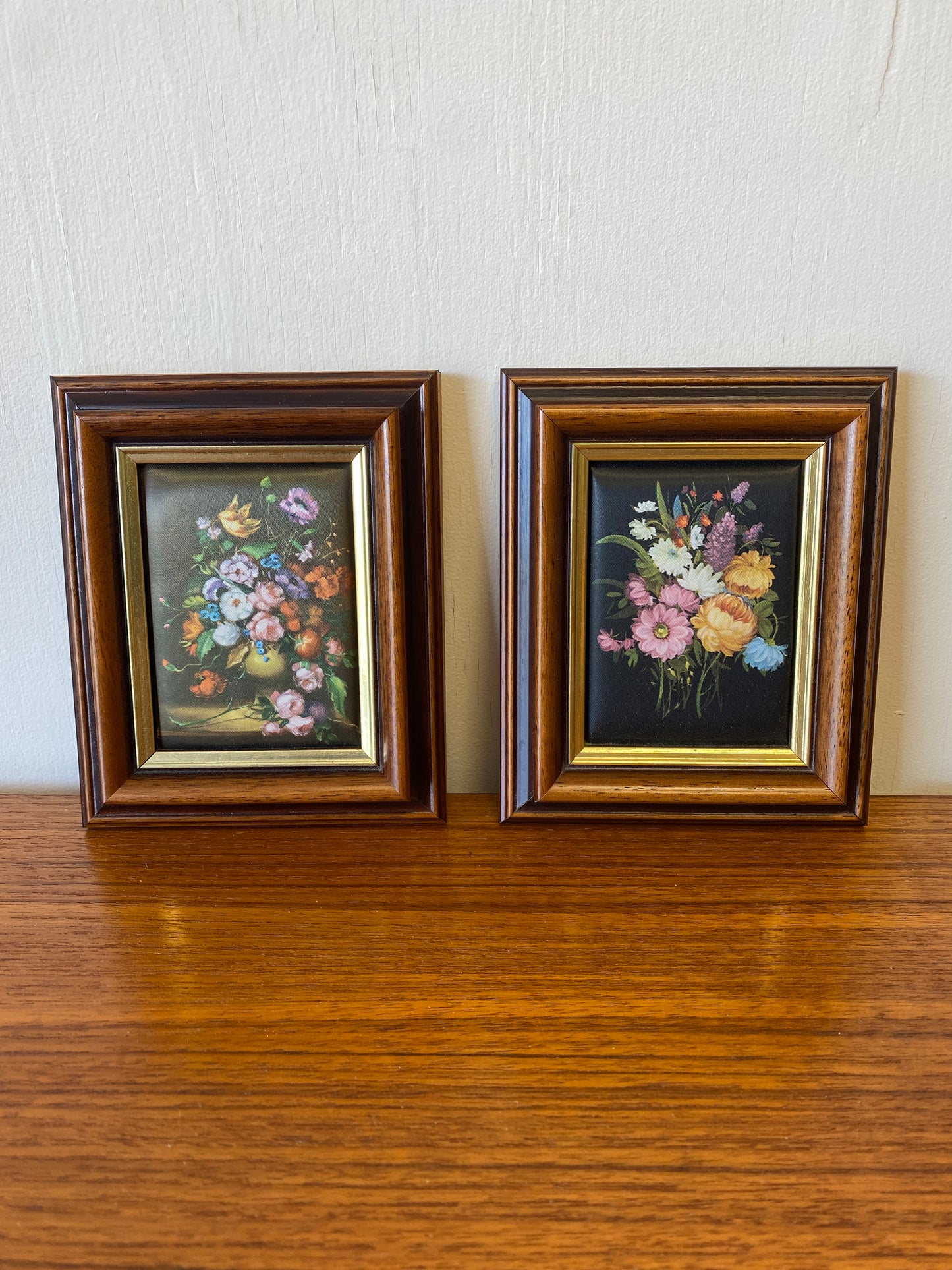 Pair of Vintage Framed Flower Paintings on Silk