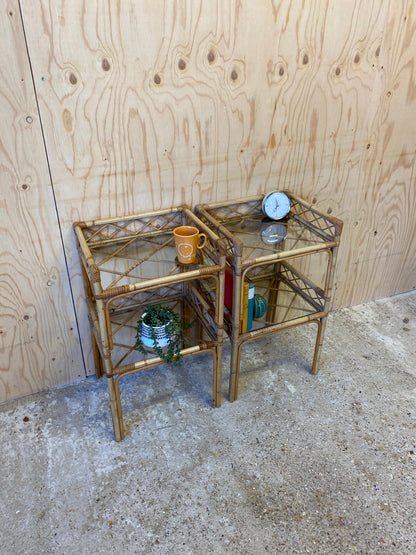 Retro Vintage Pair of Bamboo Bedside Tables