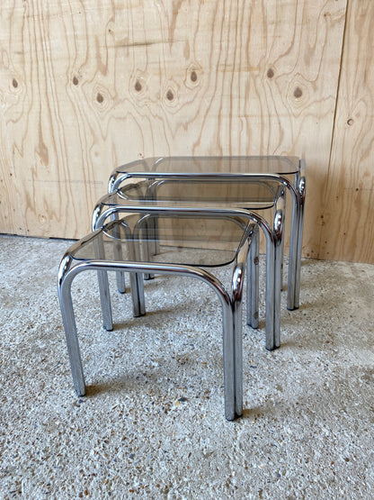 Nest of Chrome & Smoked Glass Tables
