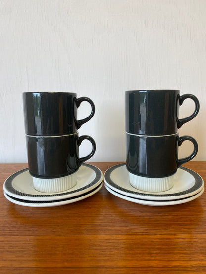 Poole Pottery Charcoal Cups & Saucers x 4