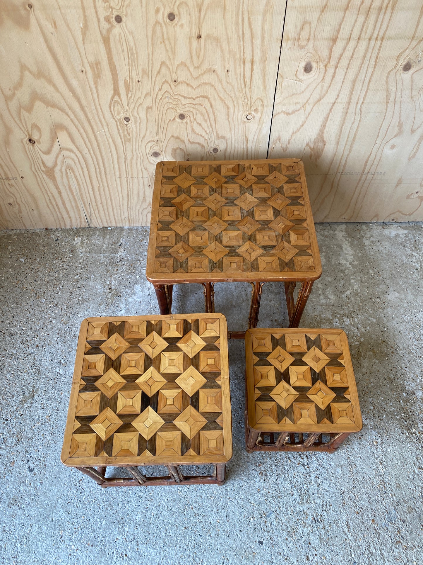 Vintage Nest of Parquetry Bamboo Tables