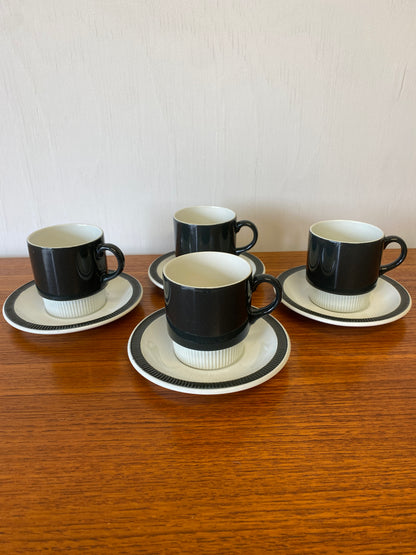 Poole Pottery Charcoal Cups & Saucers x 4