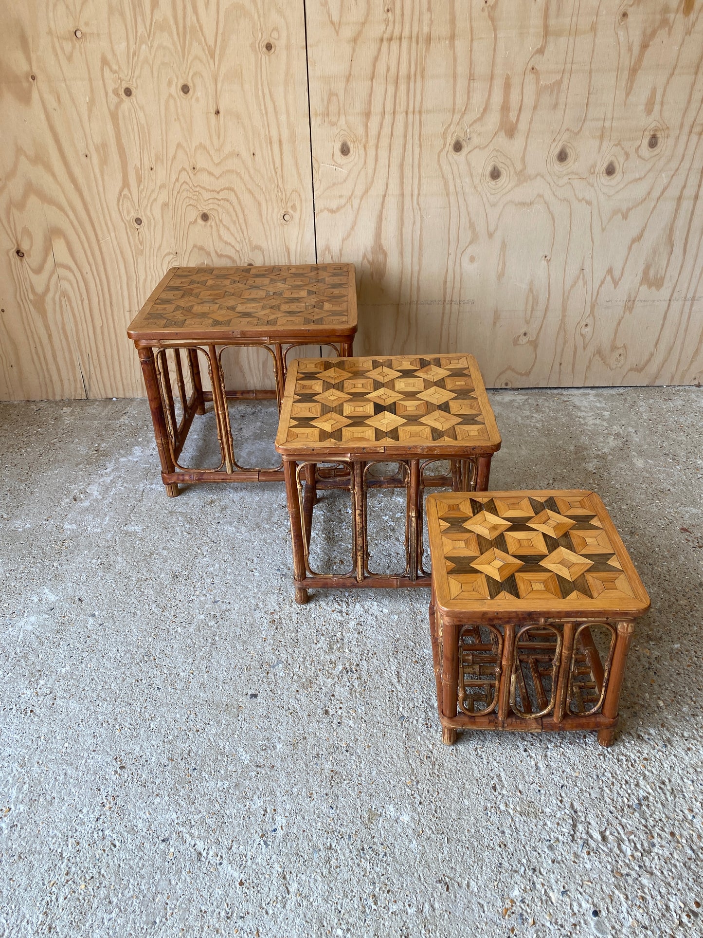 Vintage Nest of Parquetry Bamboo Tables