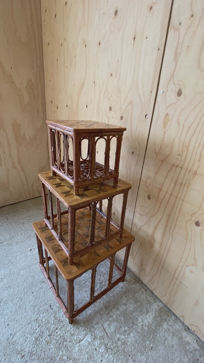 Vintage Nest of Parquetry Bamboo Tables